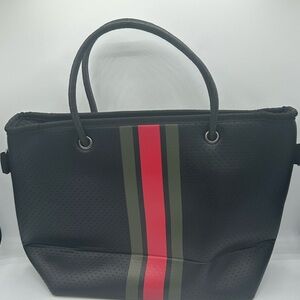 Haute Shore Stylish Black Tote Bag with Red and Green Stripes